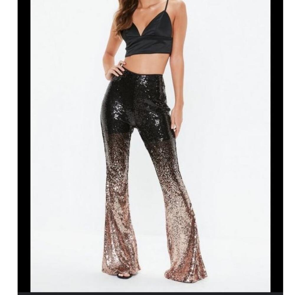 Venus Sequin Wide Leg Pants Size 2 Black Rose Gold High Waisted Punchy Rodeo